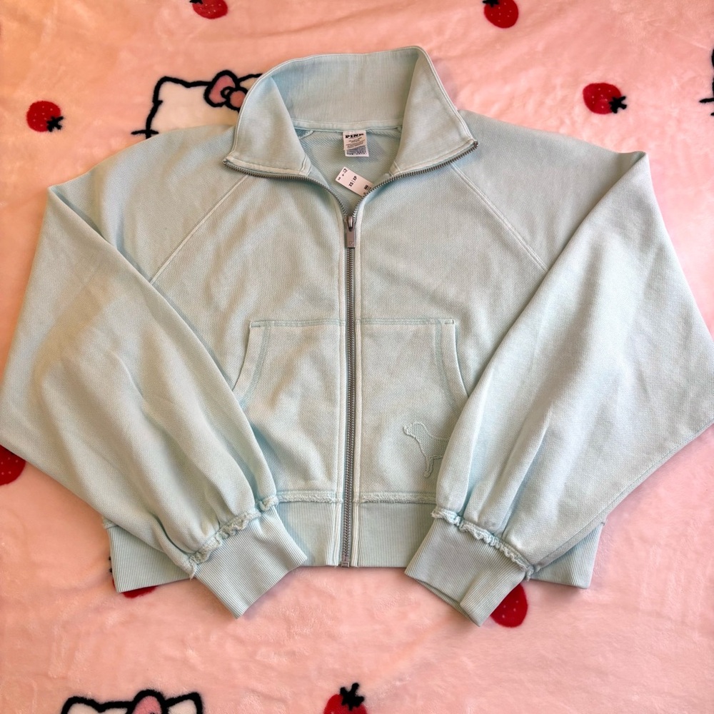 NWT PINK Victoria’s Secret Light Aqua Blue Cropped Full Zip Sweatshirt Size XS - Picture 2 of 10